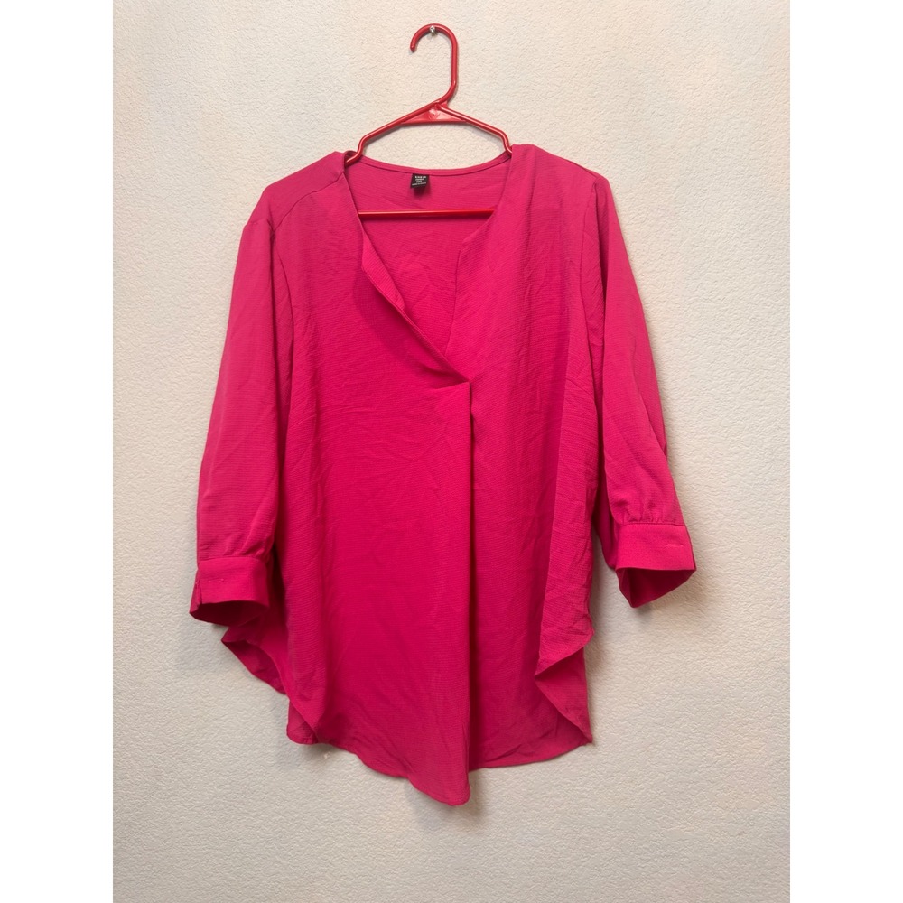 Shein Curve 0XL Blouse‎ Top Hot Pink 3/4 Sleeve Elegant Drape Asymmetrical Hem